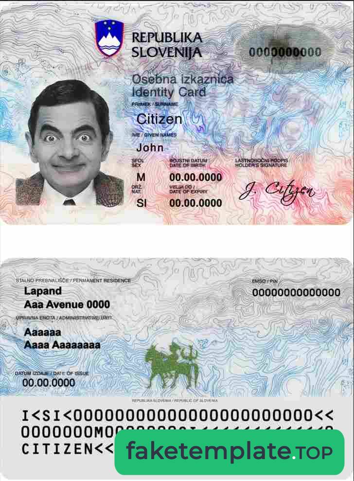 Feature of fake Slovenia ID card example